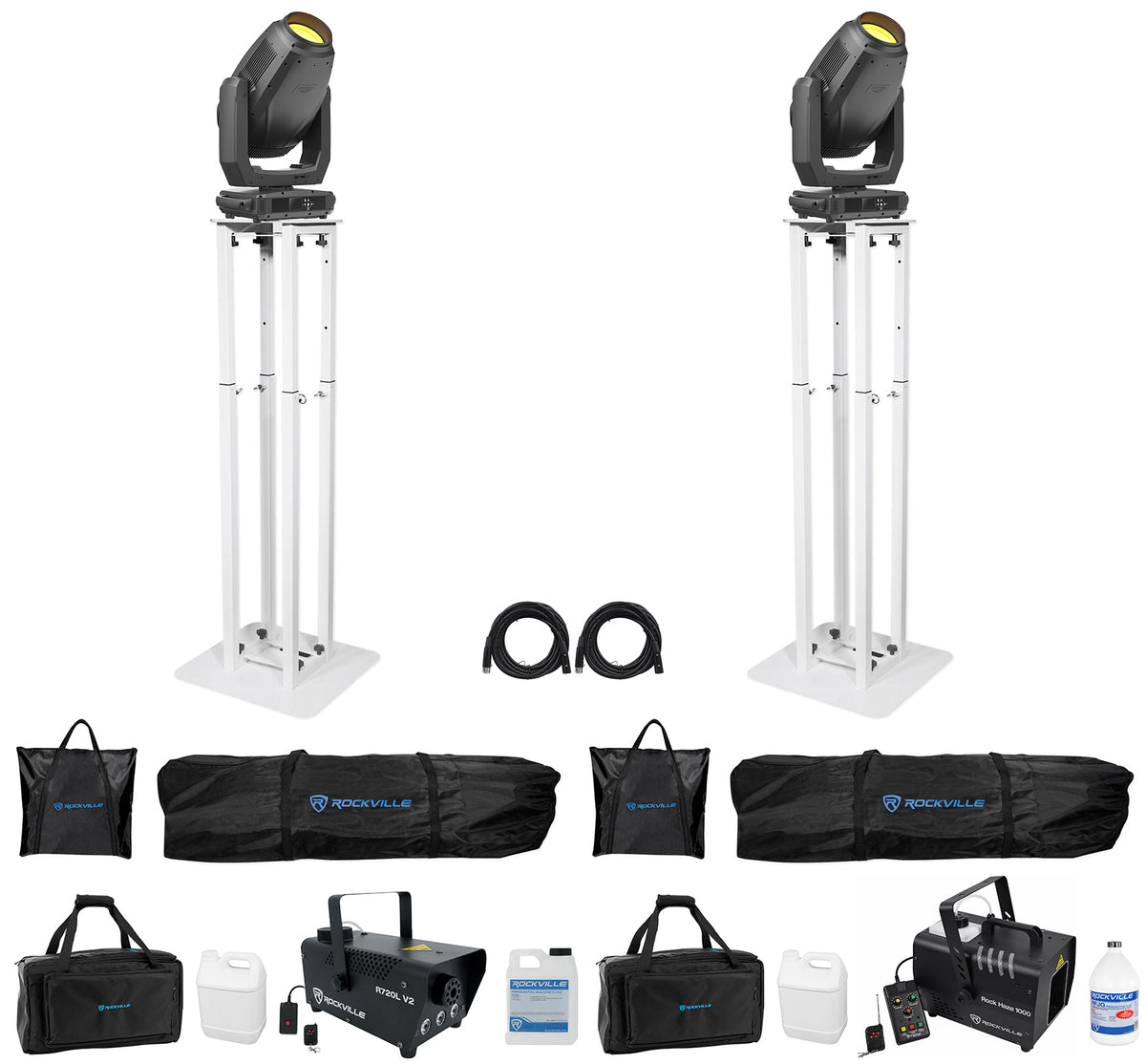 (2) Hydro Hybrid DMX Moving Heads+Stands+Hazer+Fogger+Bags+Cables