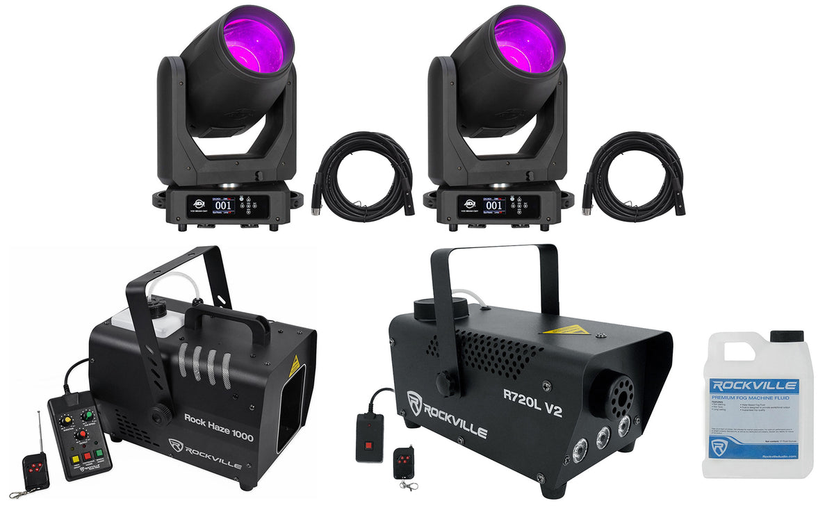 (2) Vizi Beam CMY Moving Head Lights + Hazer + Fogger + DMX Cables