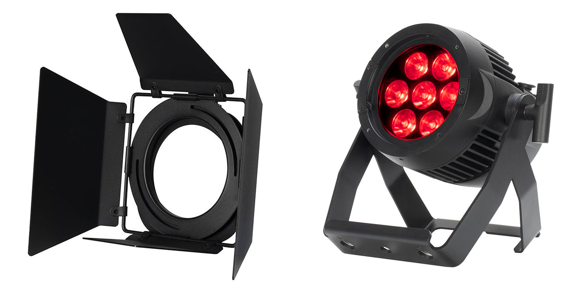 Encore LP7IP 7 x 20W IP65 RGBL LED DMX Par Can Wash Light + Barn Doors