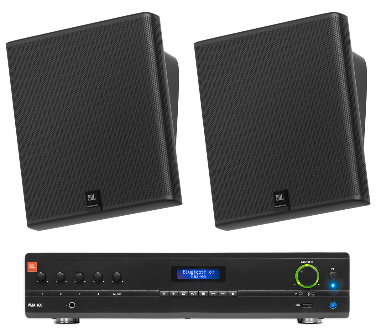 2) JBL SLP12/T-BK Sleek Low-Profile On Wall Mount 3" 70v Commercial Speakers+Amp
