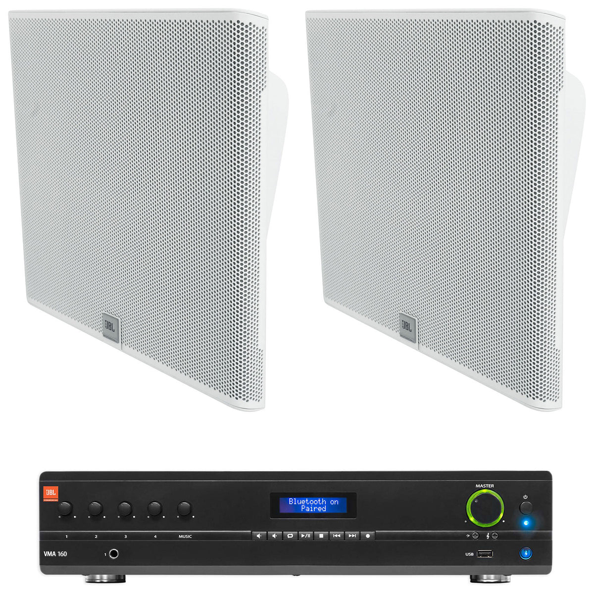 2) JBL SLP14/T-WH Low-Profile On Wall Mount White 4" 70v Commercial Speakers+Amp
