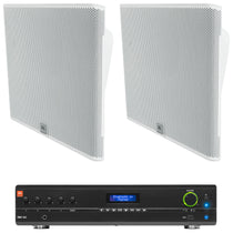 2) JBL SLP14/T-WH Low-Profile On Wall Mount White 4" 70v Commercial Speakers+Amp