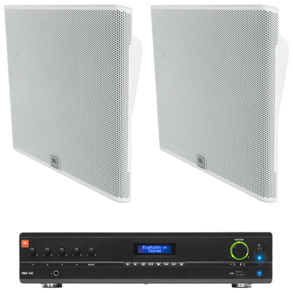 2) JBL SLP14/T-WH Low-Profile On Wall Mount White 4" 70v Commercial Speakers+Amp