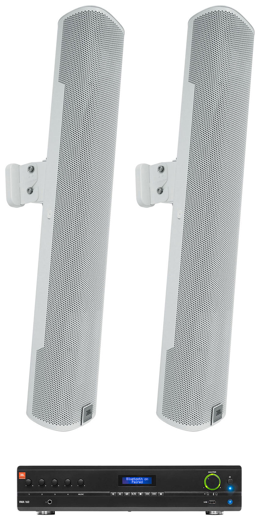 (2) JBL COL600-WH 24" White 70V Column Wall Speakers + Amplifier