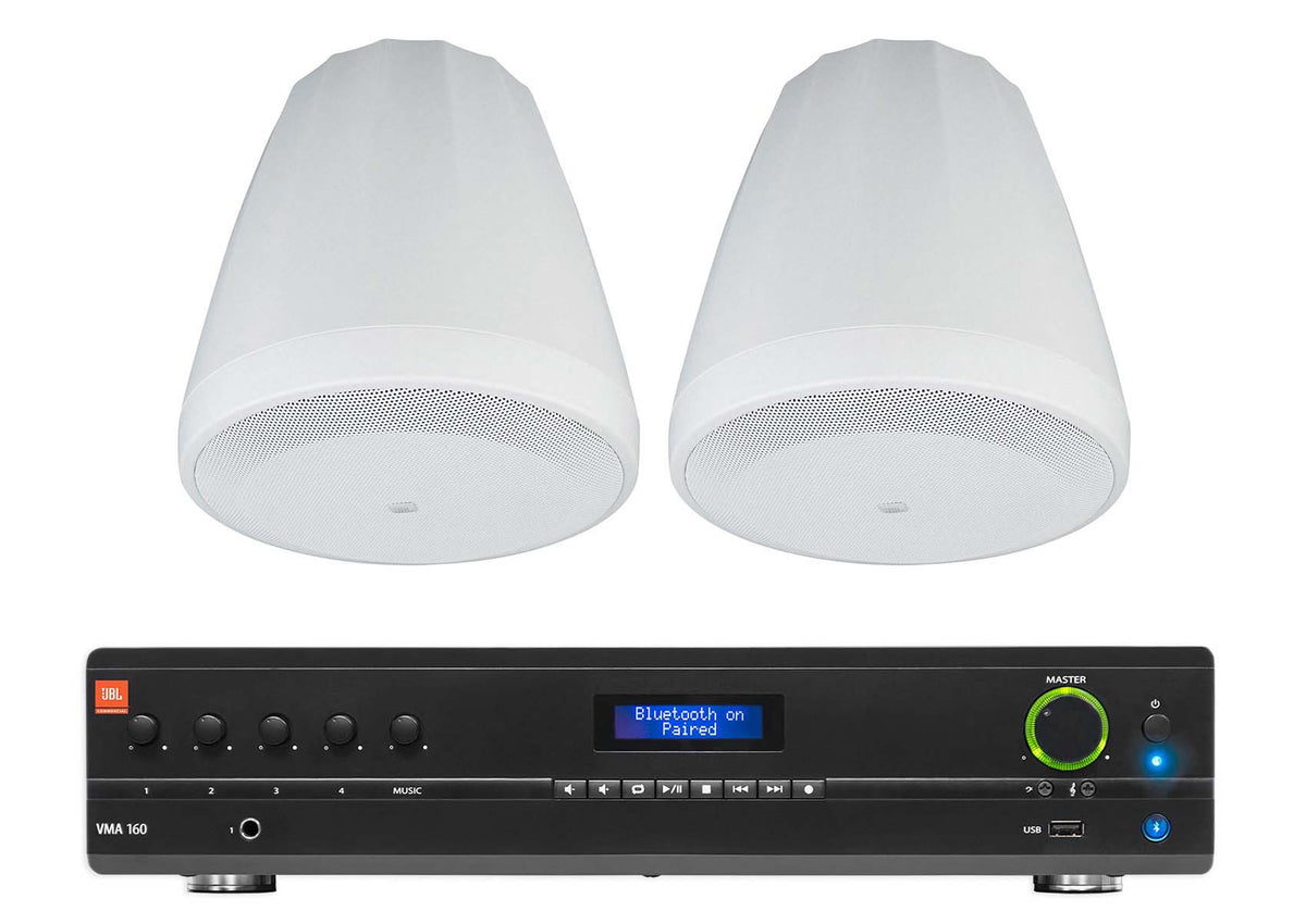 (2) JBL Control 64P/T 4" 30W Commercial 70V Hanging Pendant Speakers+Amplifier