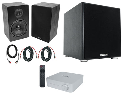 (2) Rockville RockShelf 68B Black 6.5" Bookshelf Speakers+Bluetooth/Wifi Amp+Sub