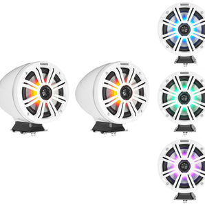 2 KICKER KMFC65 6.5" 195w White Marine LED Speakers+Surface Mount Pods 46KMFC65W