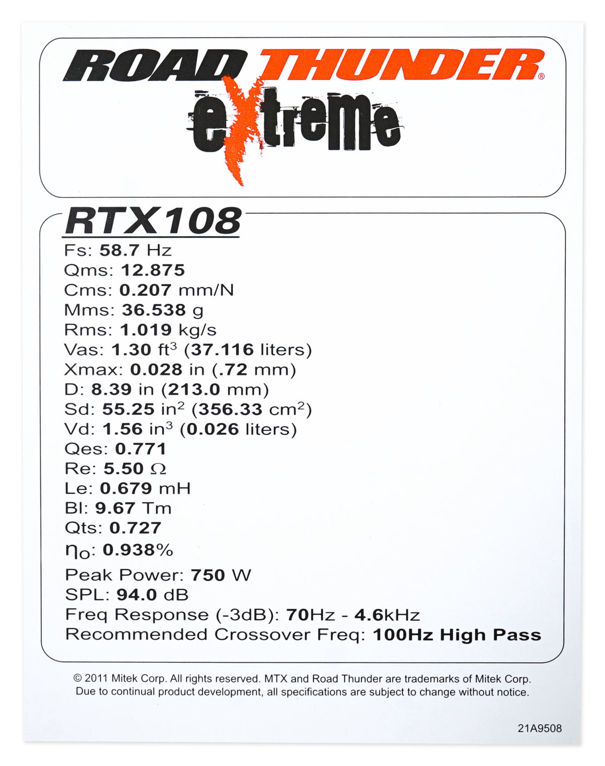 RTX108 10" Mid-Bass/Midrange Speaker