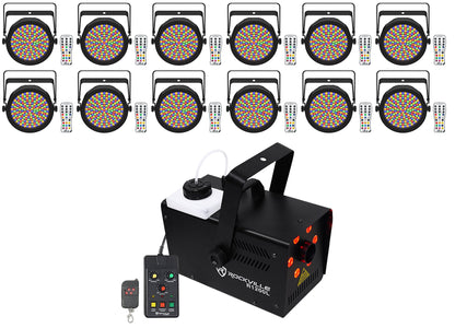 (12) EZPAR 64 RGBA ILS Rechargeable Battery RGBA LED Par Wash Up-Lights + Fog Machine