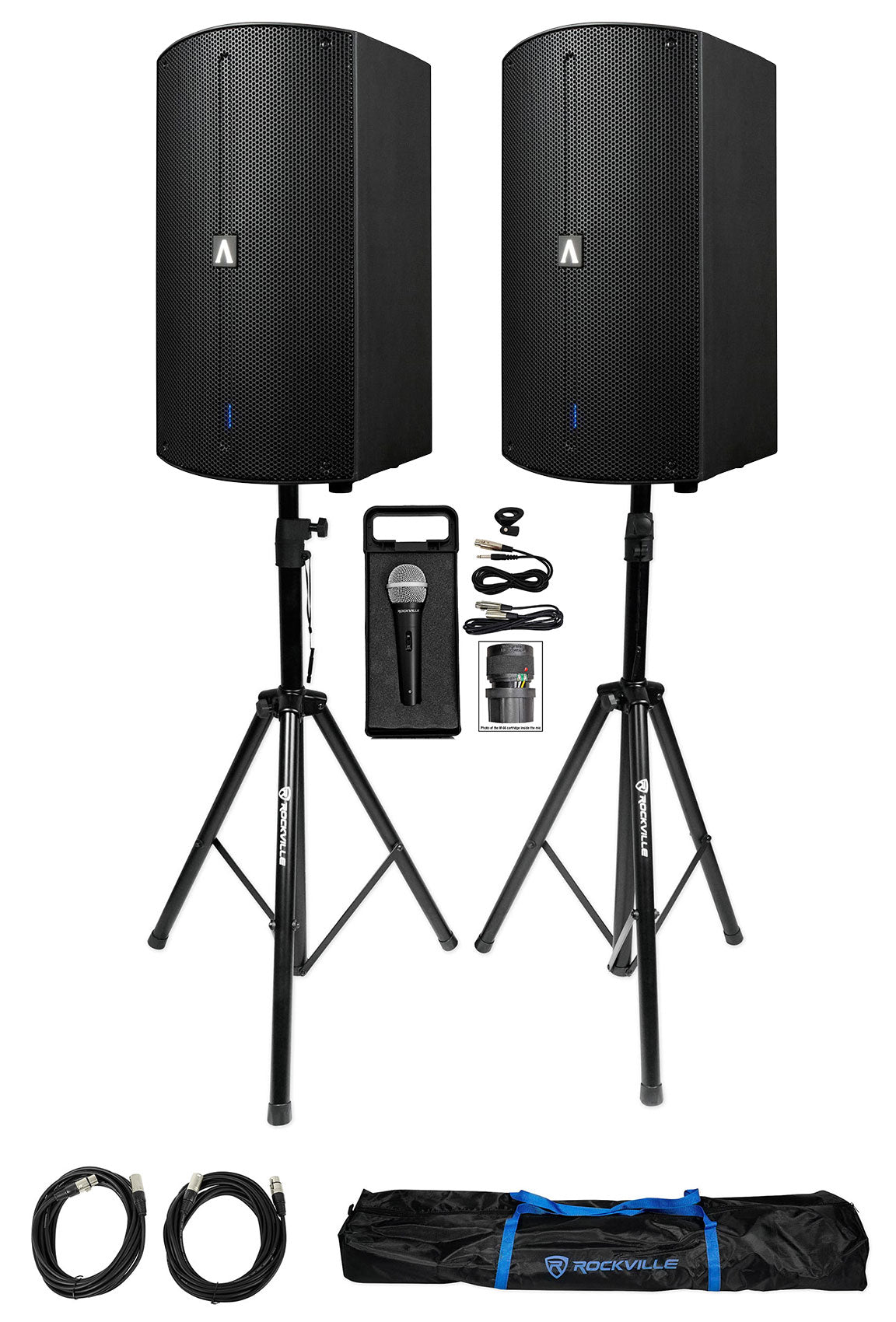 (2) A12X + Speaker Stands + Handheld Microphone