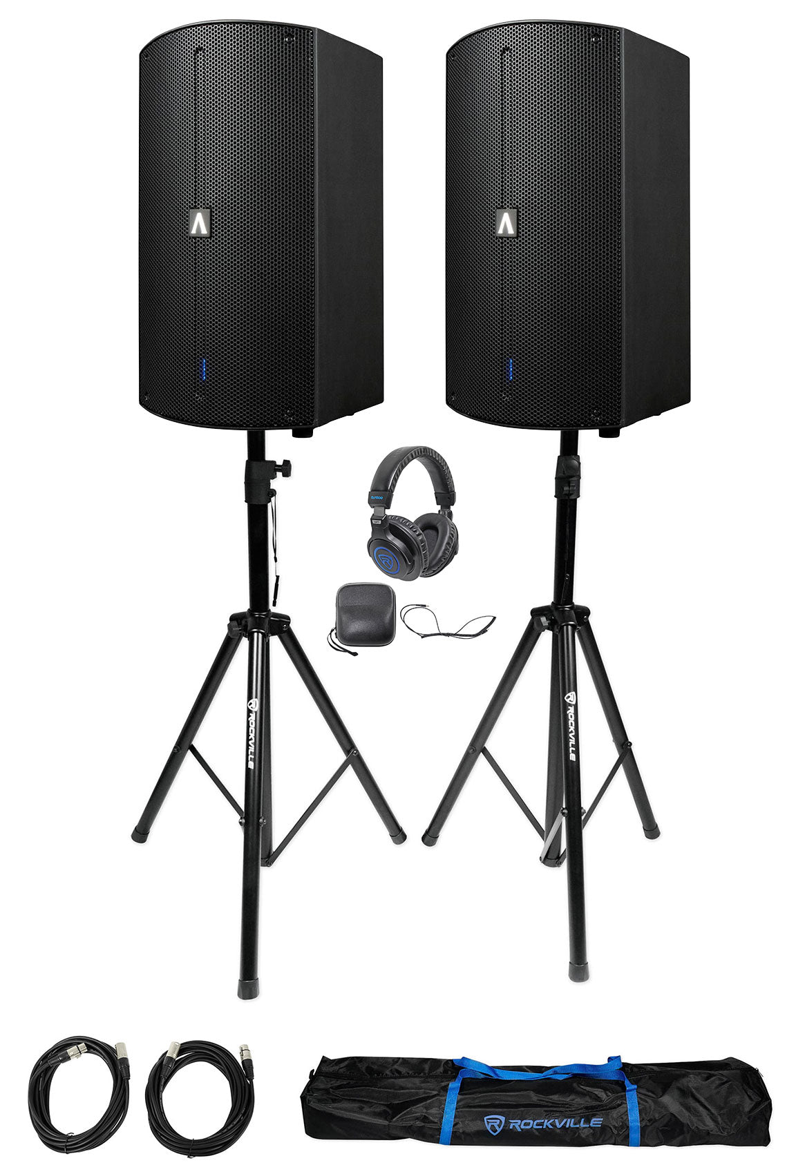 2 Avante Audio A15X 1200W 15" 2-Way Powered DJ PA Speakers+Stands+Headphones