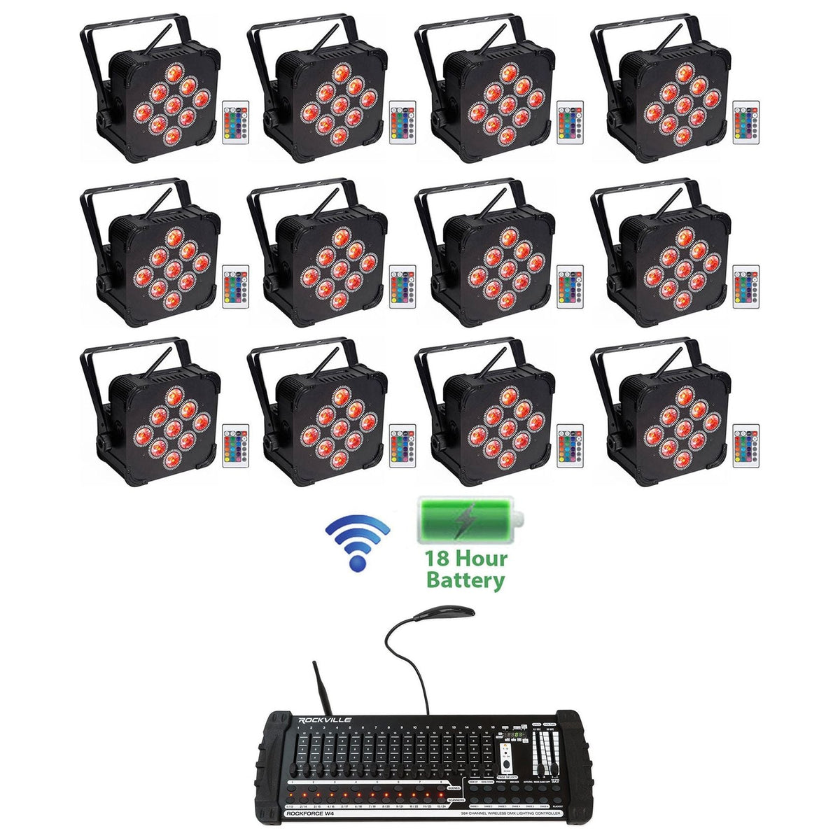 (12) BEST PAR 60 Battery Wash Lights+ROCKFORCE W4 DMX Controller