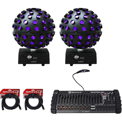 (2) Starburst LED Sphere Beam Effect Lights + ROCKFORCE 384 DMX Controller + Cables