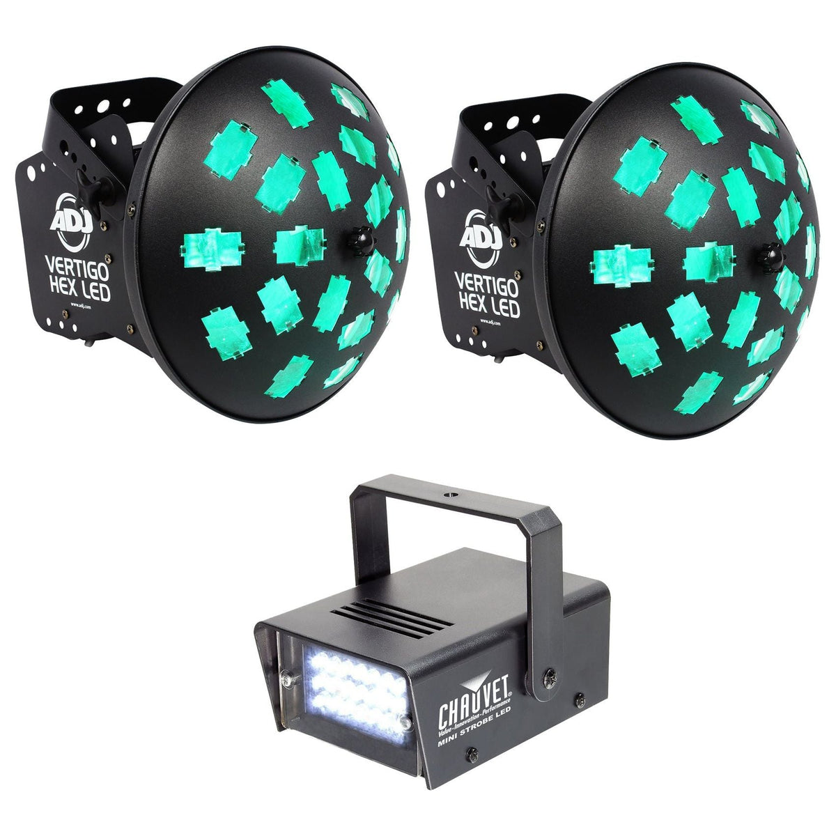 (2) VERTIGO HEX LED 12W 6-Color Dance Floor FX Lights + Strobe Light