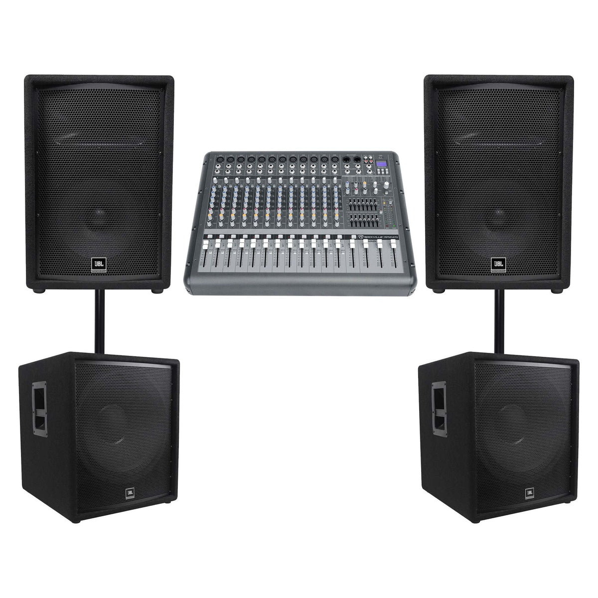 (2) JBL JRX212 1000w 12" DJ P/A Speakers+(2) 18" 1400w Subwoofers+Powered Mixer