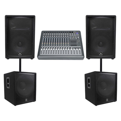 (2) JBL JRX212 1000w 12" DJ P/A Speakers+(2) 18" 1400w Subwoofers+Powered Mixer