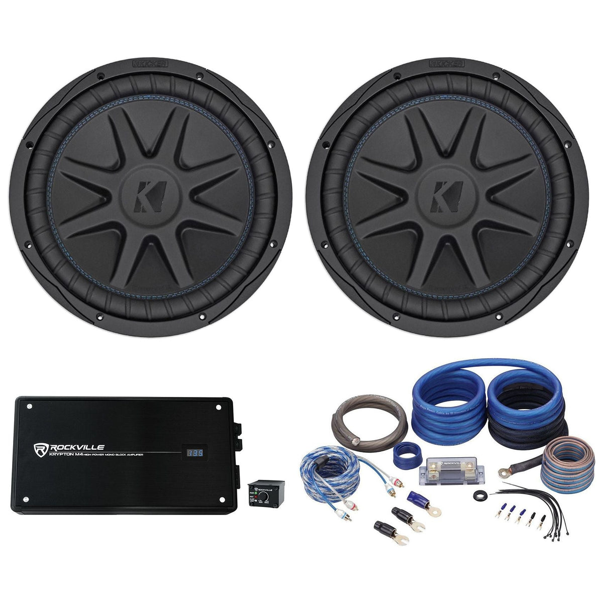 (2) 50CVX124 COMPVX 12" Car Subwoofer + Mono Amplifier + Amp Kit