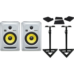 (2) KRK RP6G3W Rokit White 6" Active Powered Studio Monitors+Stands+Foam Pads