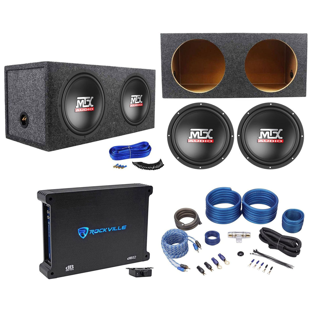 (2) MTX Terminator TN10-04 10” 600w Subwoofers+Sealed Box+Mono Amplifier+Amp Kit