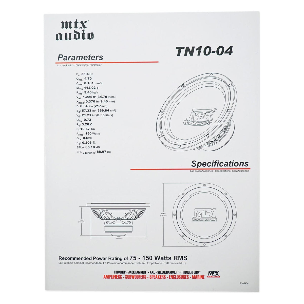 (2) MTX Terminator TN10-04 10” 600w Subwoofers+Sealed Box+Mono Amplifier+Amp Kit