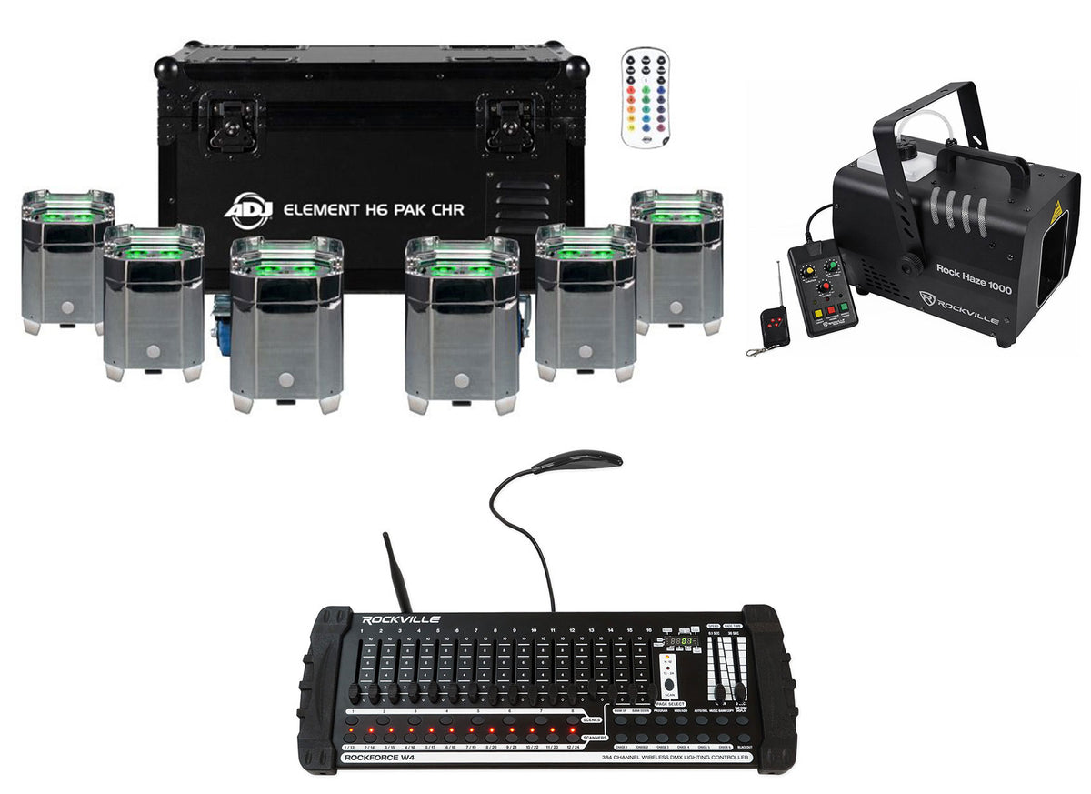 Element H6 Pak Chr (6) RGBAW+UV Wireless DMX Lights + Controller + Hazer