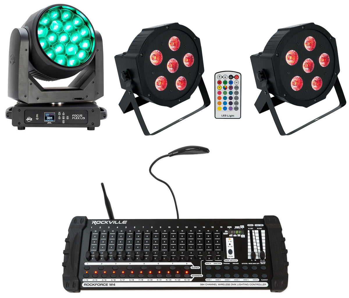 Focus Flex L19 Wireless DMX Moving Head Light + Controller + Up-Light