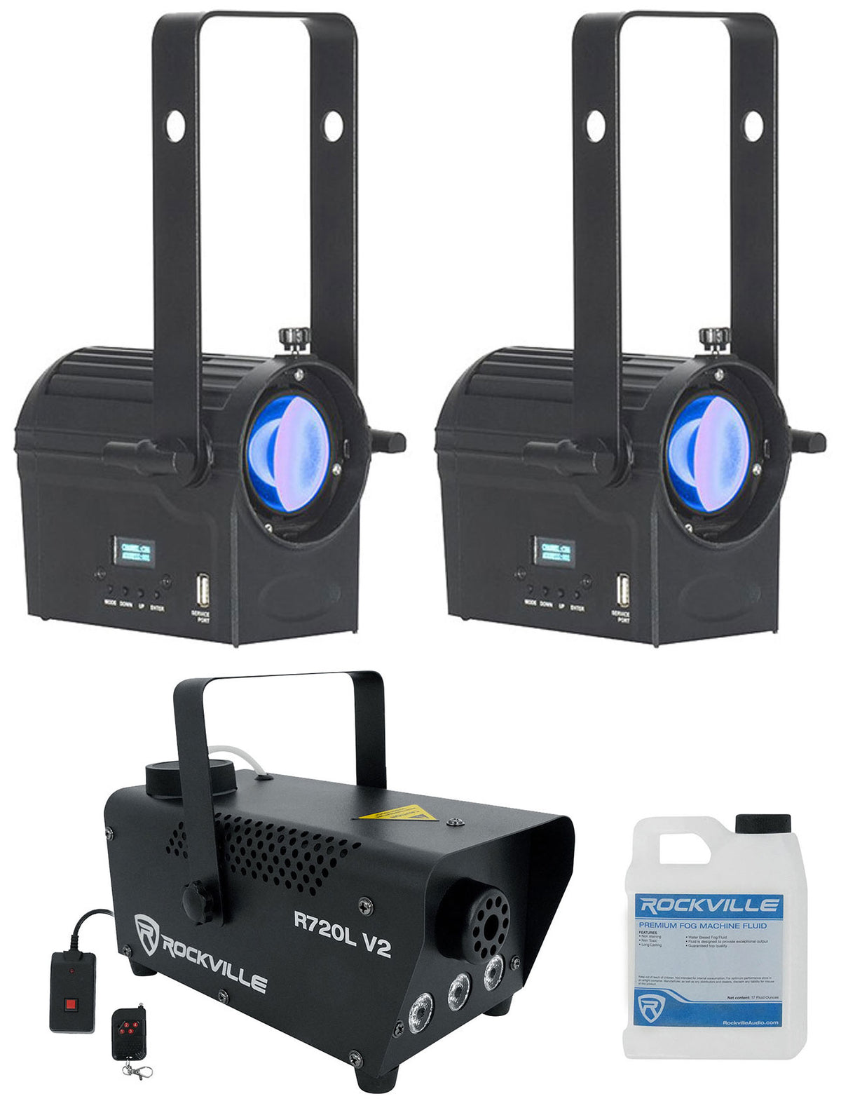 (2) American DJ Encore Profile Mini Color RGBWAL Ellipsoidal Spot Lights+Fogger