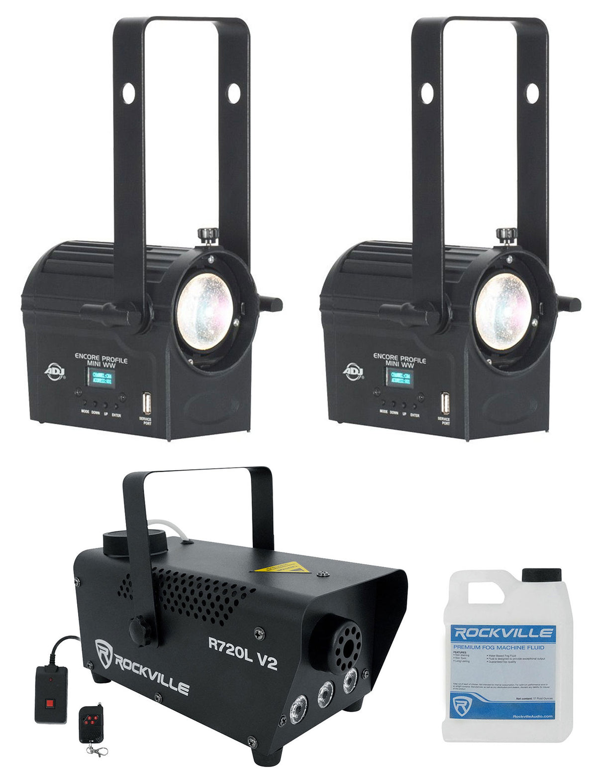 (2) American DJ Encore Profile Mini WW Warm White Ellipsoidal Spot Lights+Fogger
