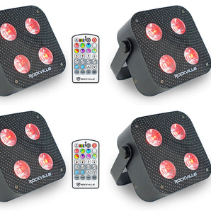 (4) Rockville MINI RF4 V2 Black DJ/Party Wash Lights+RF Remote+APP+Wireless DMX