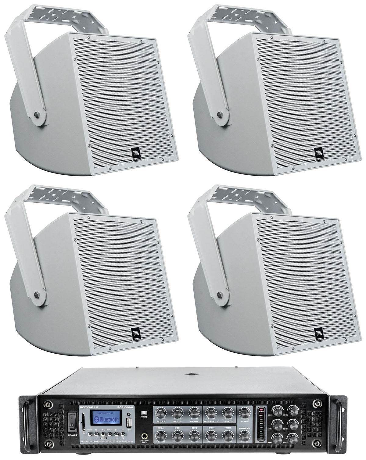 (4) JBL AWC129 12" 200w Indoor/Outdoor 70V Surface Mount Commercial Speakers+Amp
