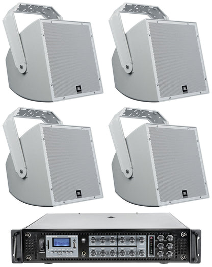 (4) JBL AWC129 12" 200w Indoor/Outdoor 70V Surface Mount Commercial Speakers+Amp