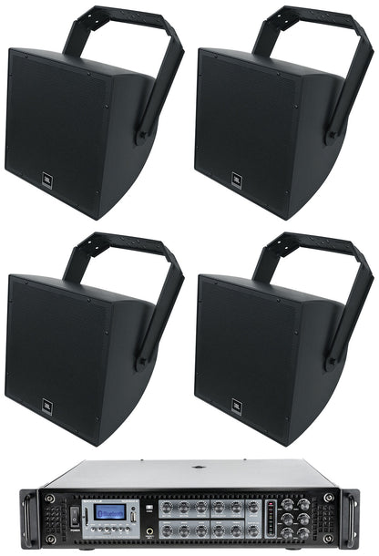 (4) JBL AWC129-BK Indoor/Outdoor 70V Black Surface Mount Commercial Speakers+Amp