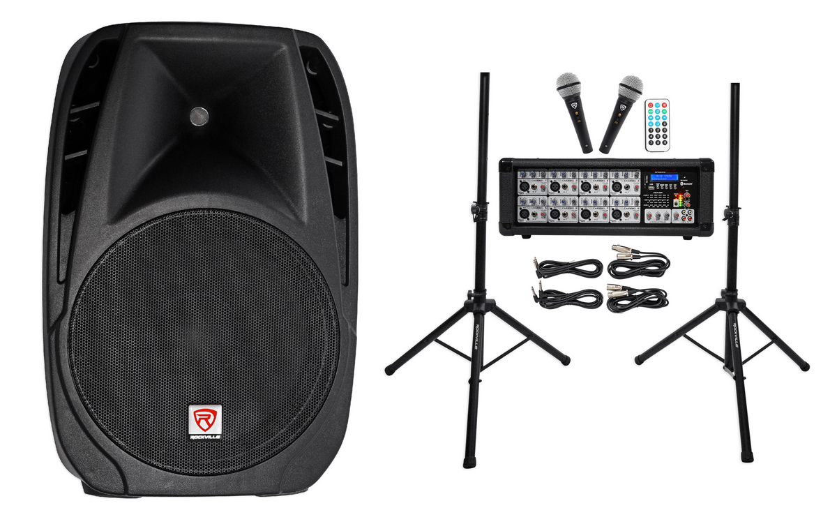 Rockville RPG2X15 BOX 1 15” 1400 Watts ABS molded DJ PA Passive Speaker+Mixer+Stand+(2) Microphones+Cables
