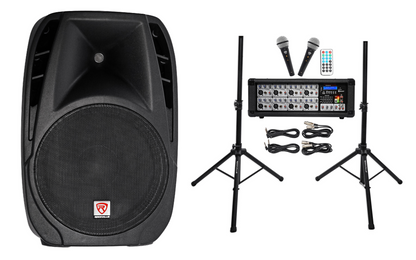 Rockville RPG2X15 BOX 1 15” 1400 Watts ABS molded DJ PA Passive Speaker+Mixer+Stand+(2) Microphones+Cables