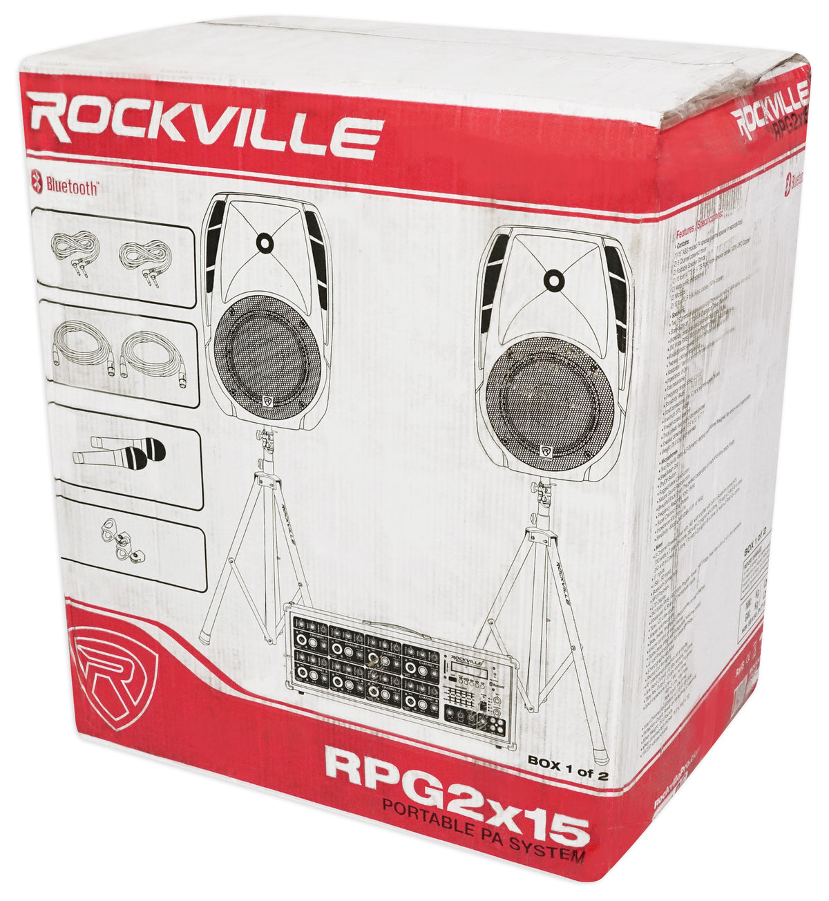 Rockville RPG2X15 BOX 1 15” 1400 Watts ABS molded DJ PA Passive Speaker+Mixer+Stand+(2) Microphones+Cables