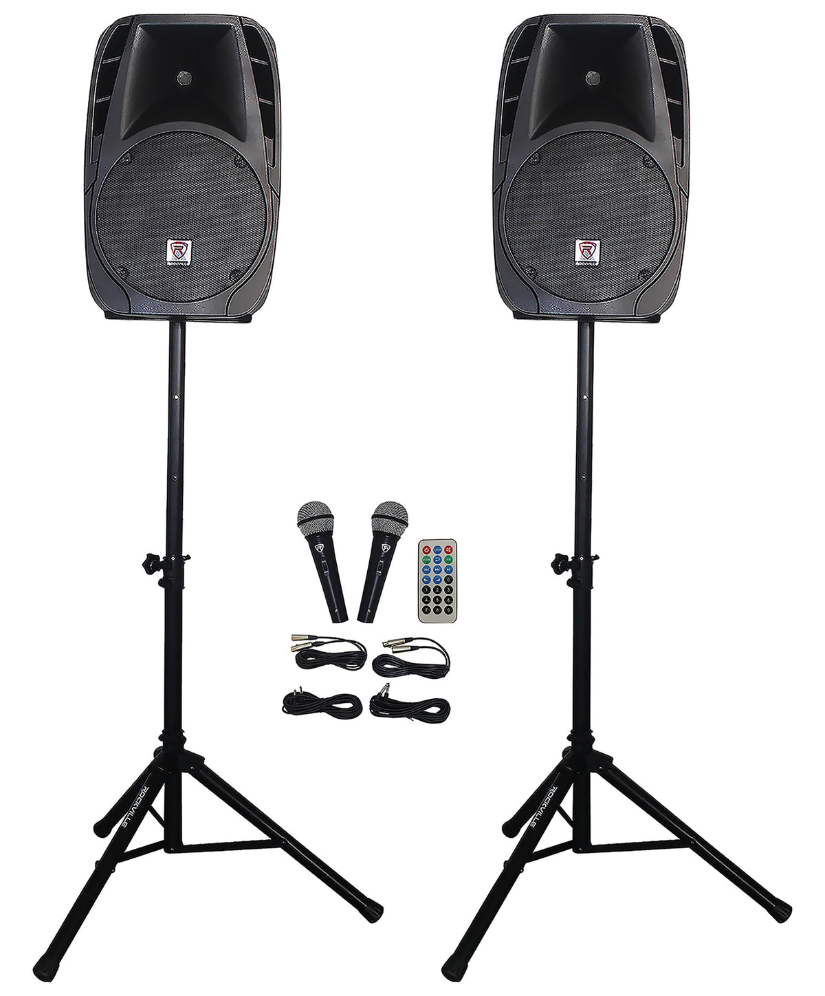 Pair of Rockville Package 12" 1400 Watts Passive DJ PA Speakers+(2) Stands+(2) Mics+Cables