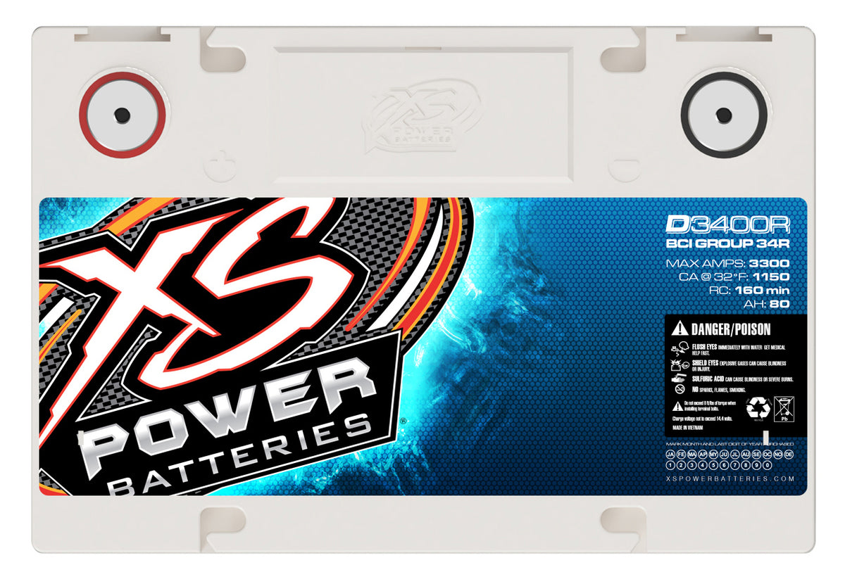 XS Power D3400R 12V 2500-4000W Range AGM Battery with M6 Terminal Bolt-Max 3300A