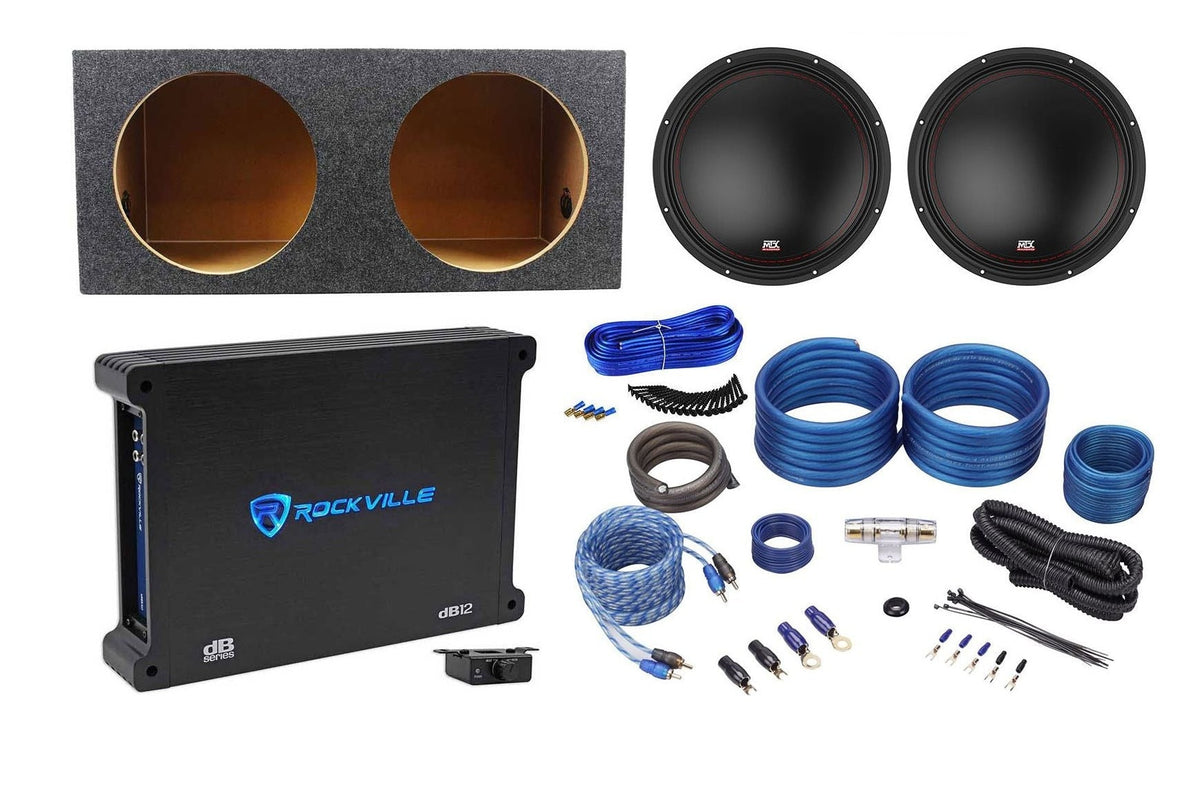 (2) MTX 3512-04 12" 1000w Car Subwoofers+Sealed Sub Box+Mono Amplifier+Amp Kit