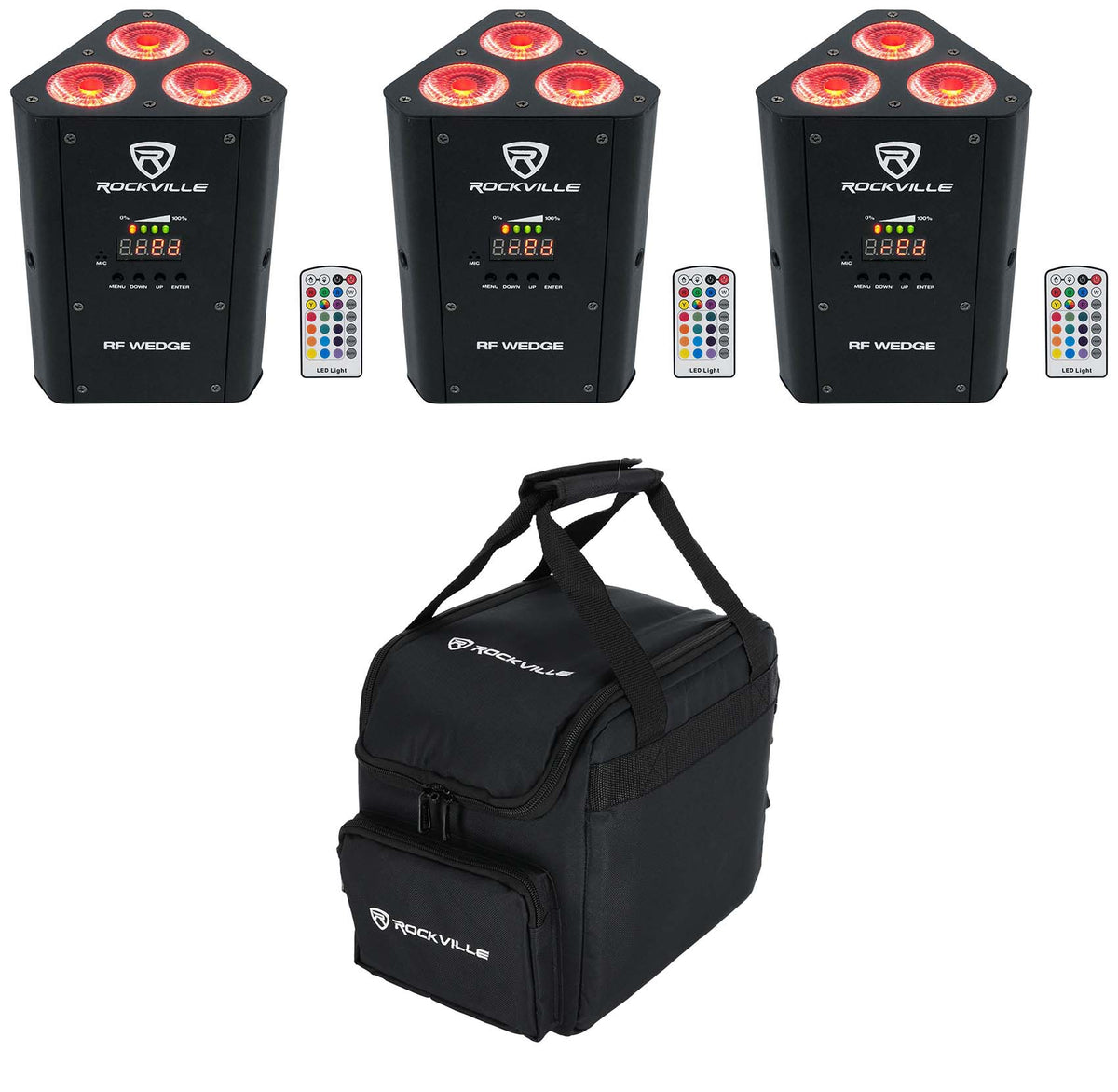 (3) RF WEDGE BLACK RGBWA+UV Battery Wireless DMX Up Lights+Remotes+Bag
