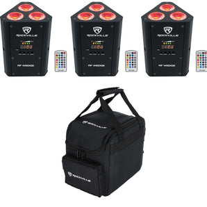 (3) Rockville RF WEDGE BLACK RGBWA+UV Battery Wireless DMX Up Lights+Remotes+Bag