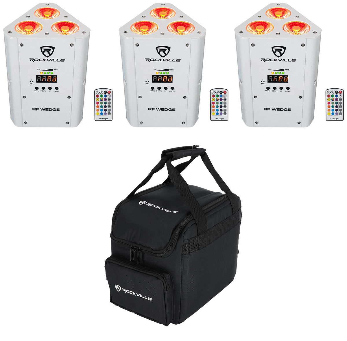 (3) RF WEDGE WHITE RGBWA+UV Battery Wireless DMX Up Lights+Remotes+Bag