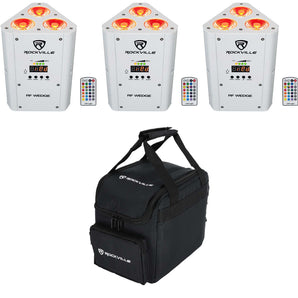 (3) Rockville RF WEDGE WHITE RGBWA+UV Battery Wireless DMX Up Lights+Remotes+Bag