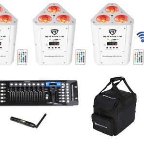 3) Rockville RockWedge LED White Rechargeable Wireless DMX Lights+Controller+Bag