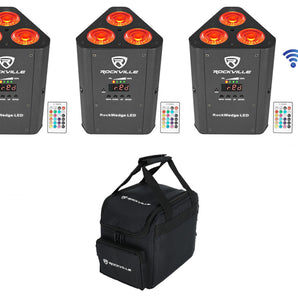 3) Rockville RockWedge LED RGBWA+UV Rechargeable Battery Wireless DMX Lights+Bag