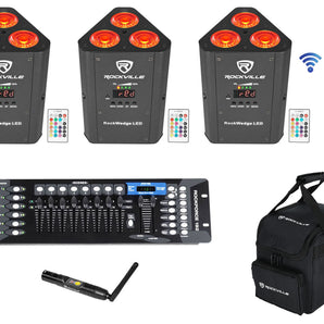 3) Rockville RockWedge LED RGBWA+UV Rechargeable Wireless DMX Lights+Control+Bag