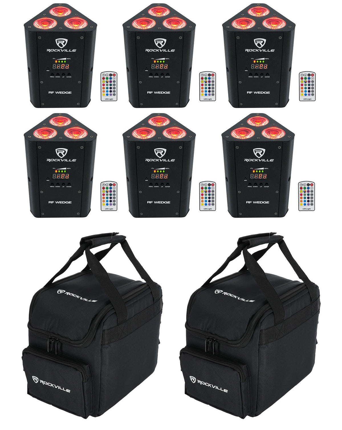 (6) RF WEDGE BLACK RGBWA+UV Wireless DMX Up Lights + Remotes + (2) RLB25 Bags