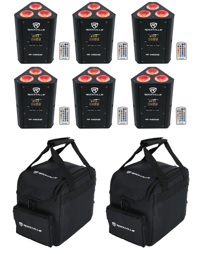 (6) RF WEDGE BLACK RGBWA+UV Wireless DMX Up Lights + Remotes + (2) RLB25 Bags