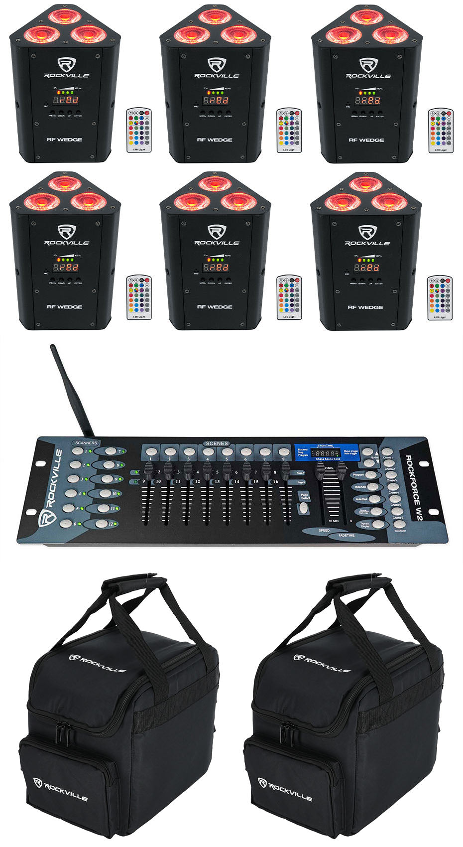 (6) RF WEDGE BLACK RGBWA+UV Wireless DMX Lights + ROCKFORCE W2 + (2) RLB25 Bags