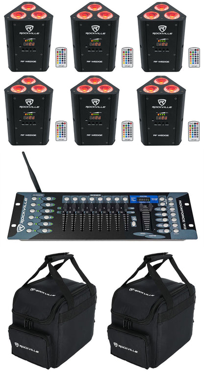 (6) RF WEDGE BLACK RGBWA+UV Wireless DMX Lights + ROCKFORCE W2 + (2) RLB25 Bags
