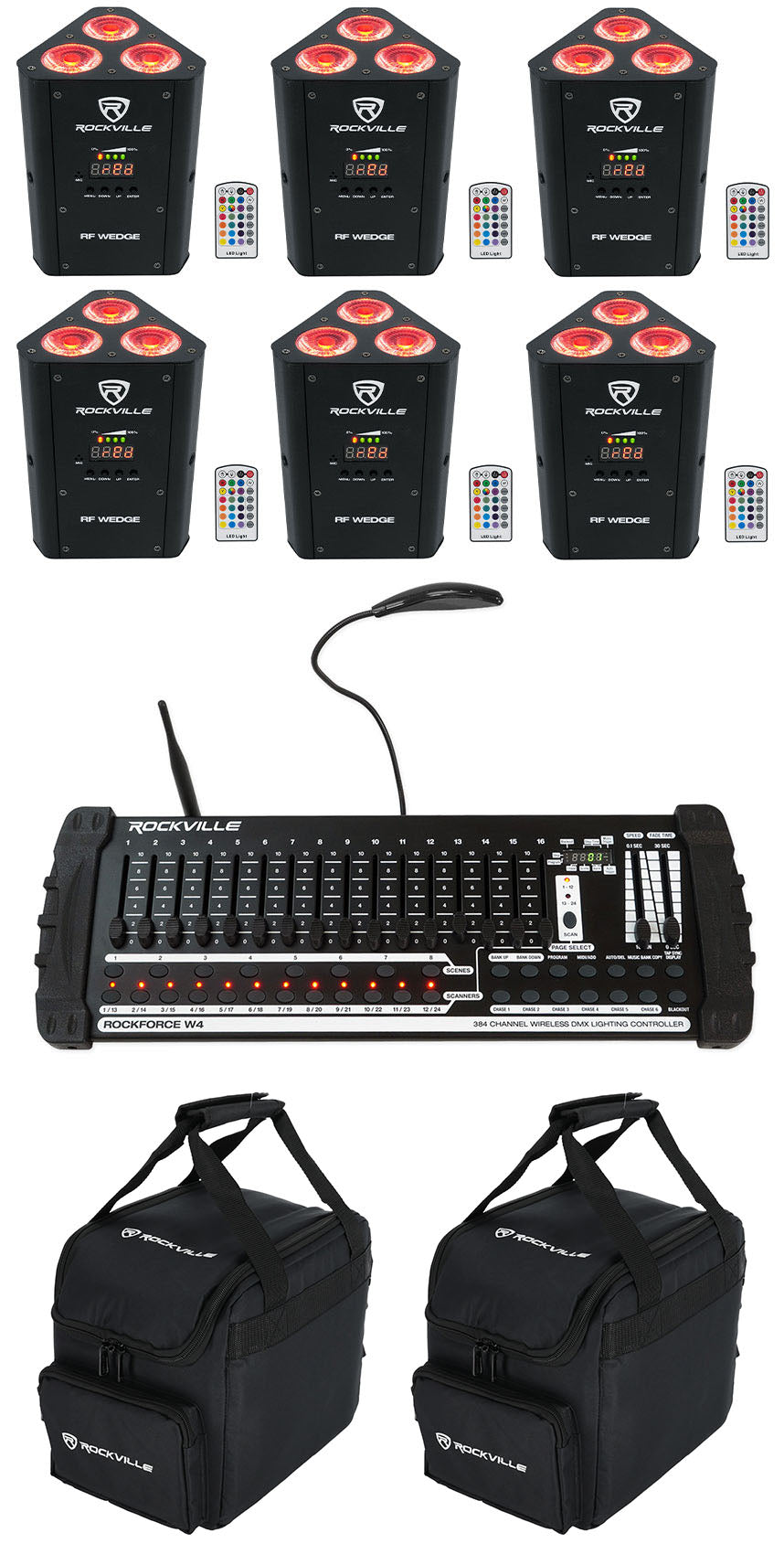 (6) RF WEDGE BLACK RGBWA+UV Wireless DMX Lights + ROCKFORCE W4 + (2) RLB25 Bags